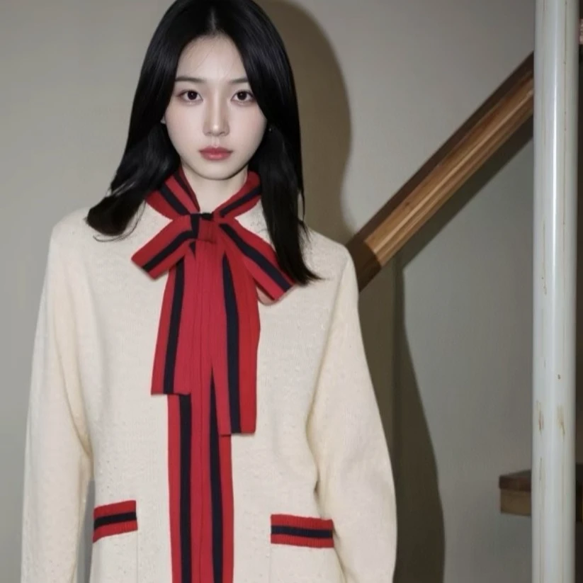 全新未使用 GUCCI/古驰 蝴蝶结条纹边饰开衫/尺码S/JJ009761