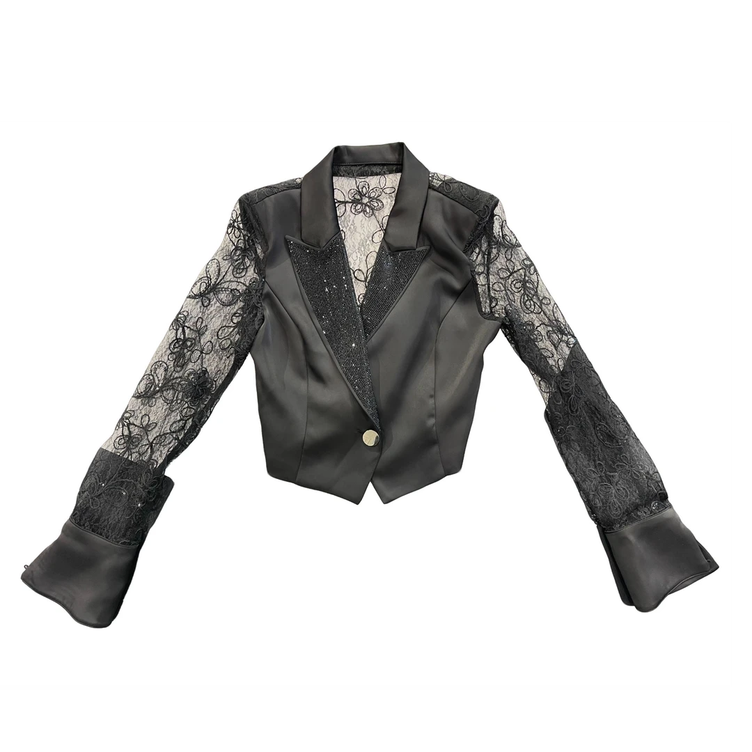 25夏季新款重工烫钻蕾丝拼接短款外套显瘦气质时尚修身设计师