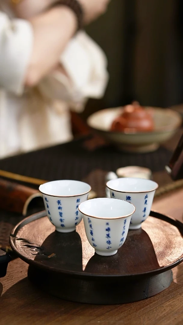 包铜青花诗文闻香杯3只款....