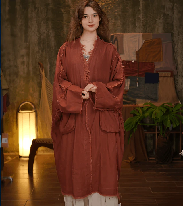 M539复古风中长款亚麻外套宽松设计休闲百搭短外套