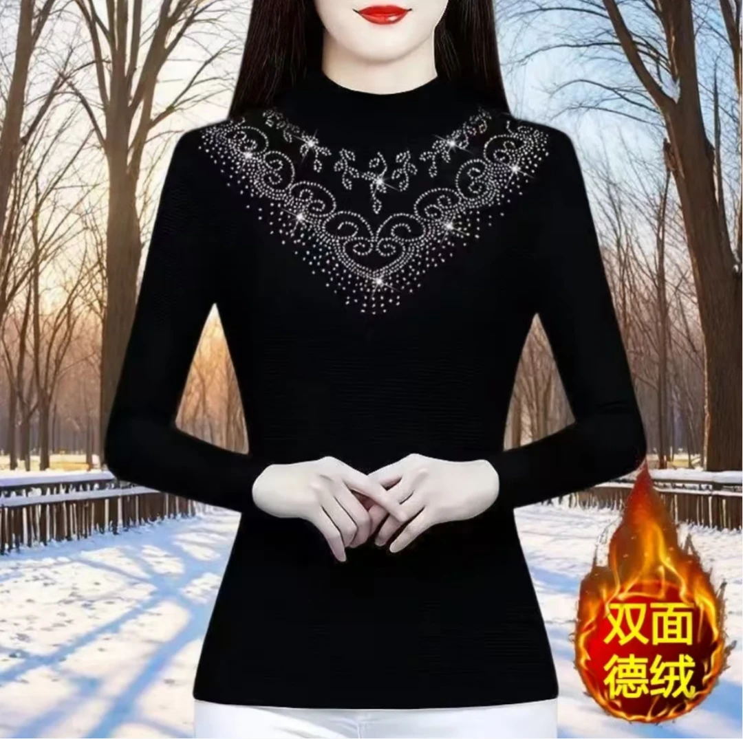 双面德绒烫钻秋冬打底衫女黑色半高领上衣大码遮肚子长袖