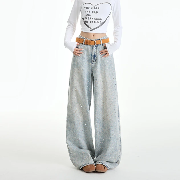 Busrr美式复古做旧水洗牛仔裤慵懒风2025春设计感重工烫钻拖地裤