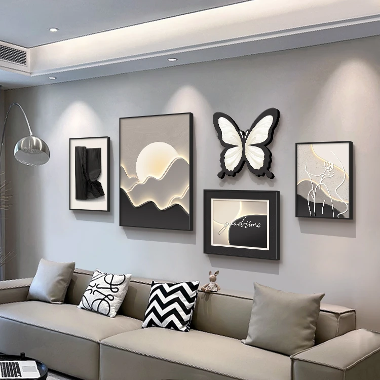 旭日东升客厅装饰画黑白灰沙发背景墙挂画抽象蝴蝶轻奢高级感壁画