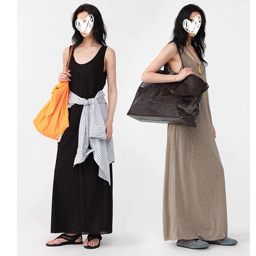 双层叠穿无袖大圆领长款连衣裙C 8981#