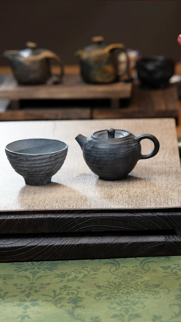 中式库*归玉堂冰碛岩重工雕刻蛮石壶+肌理茶碗杯