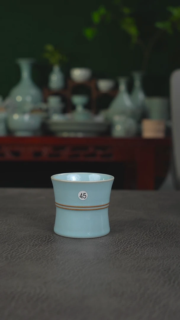 汝州天青釉45号束腰竹节杯微微瑕简包-二