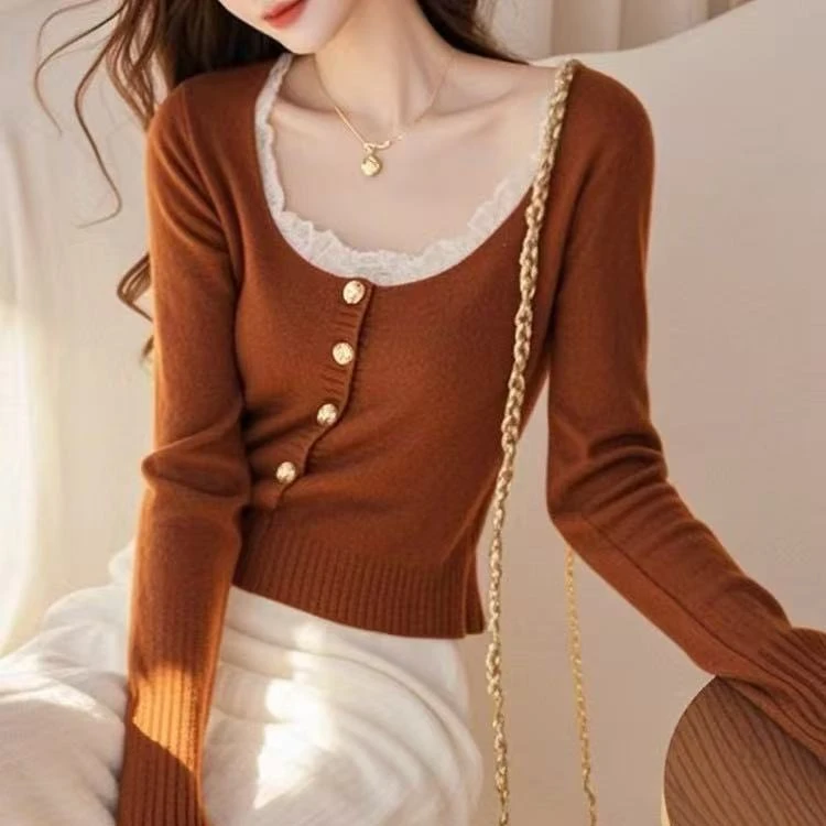 哥弟阿玛施正新款女装小香风针织修身长袖打底衫毛针织衫法式上衣