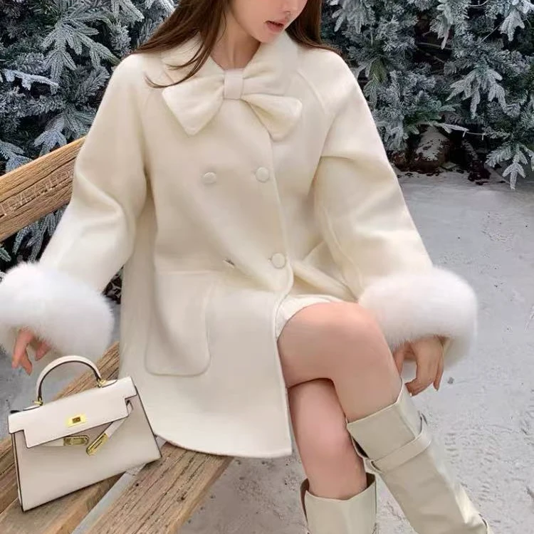 婷婷家蝴蝶结大衣女千金风减龄毛呢外套