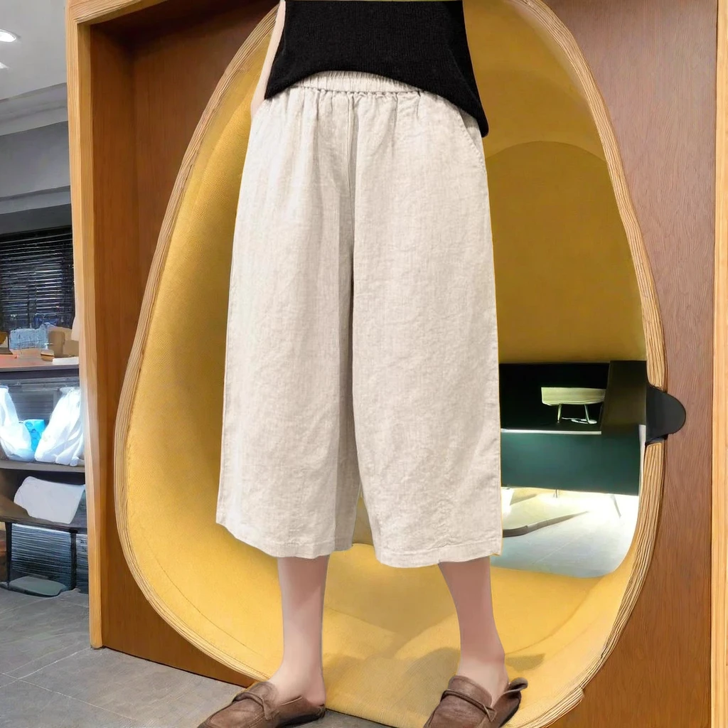 休闲裤棉麻复古大码文艺范百搭显瘦裤子宽松妈妈女七分裤休闲裤女
