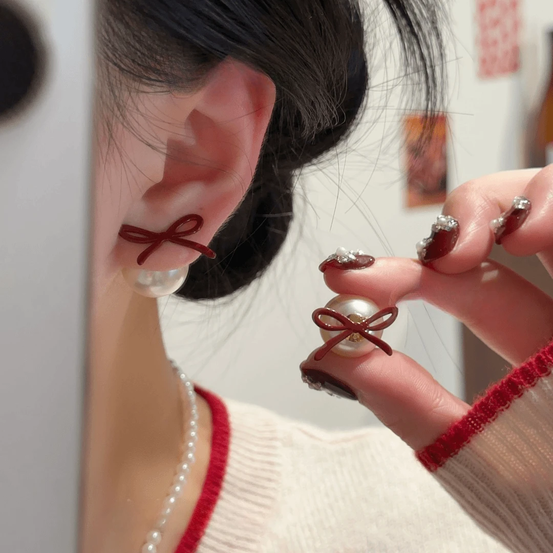 铜合金仿珍珠耳饰 前后两戴红色蝴蝶结珠珠耳钉