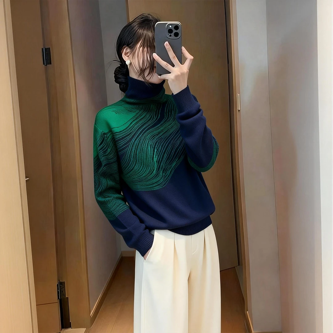 拼色针织衫秋冬保暖撞色堆堆领毛衣女百搭显瘦打底衫上衣