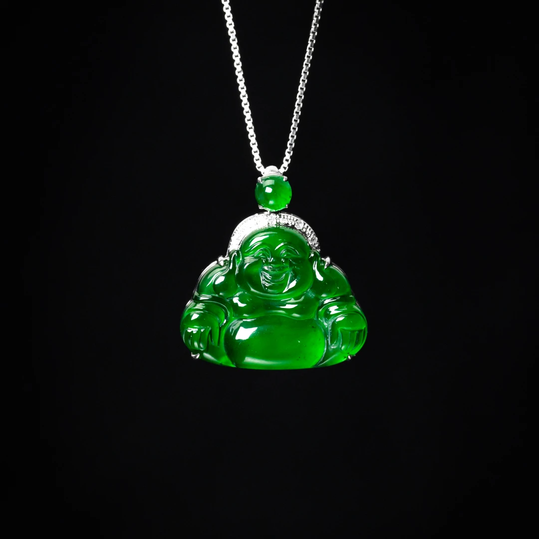 18k真金真钻镶嵌颈饰天然A货翡翠佛公吊坠辣绿高冰种水