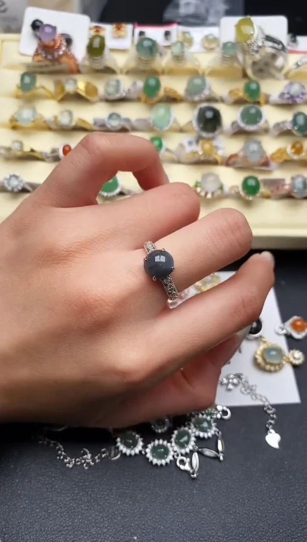 【闪购商品】翡翠戒指银S925镶嵌天然翡翠666 6  7+