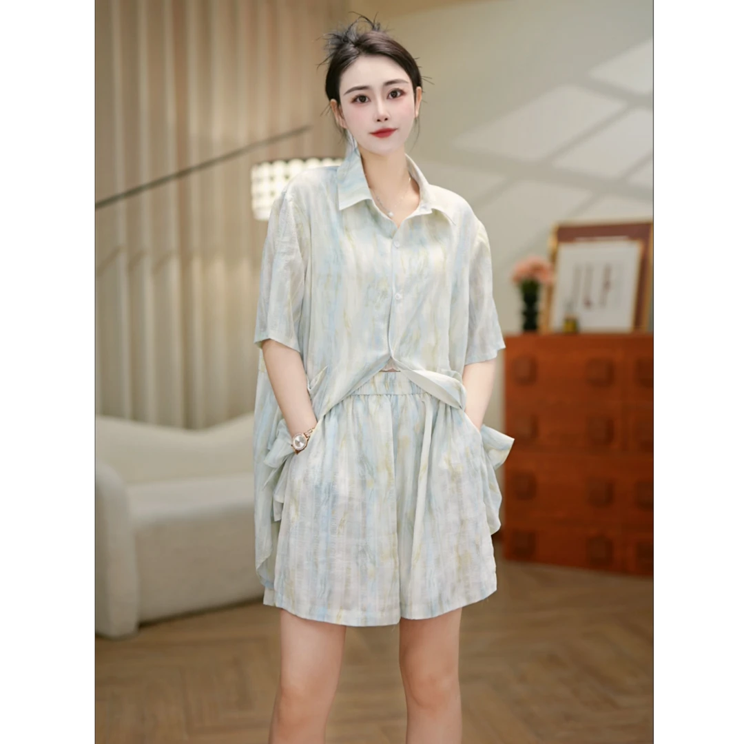 金可可新夏季女士衬衫套装新款时尚衬衫宽松加大码女装套装两件套