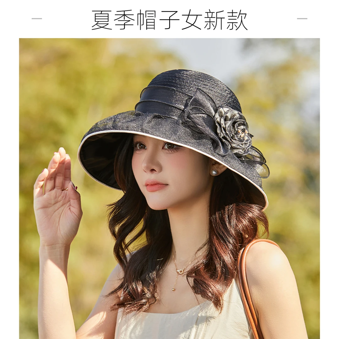 夏季新款帽子女优雅欧根纱花朵盆帽户外遮阳防晒透气沙滩渔夫帽潮