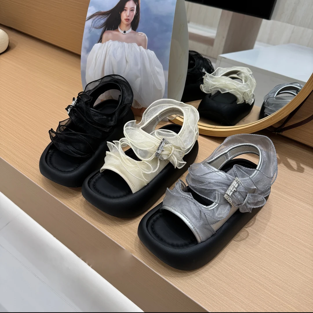 凉鞋女款2025新款爆款休闲鞋蕾丝花边潮流厚底拖鞋夏季