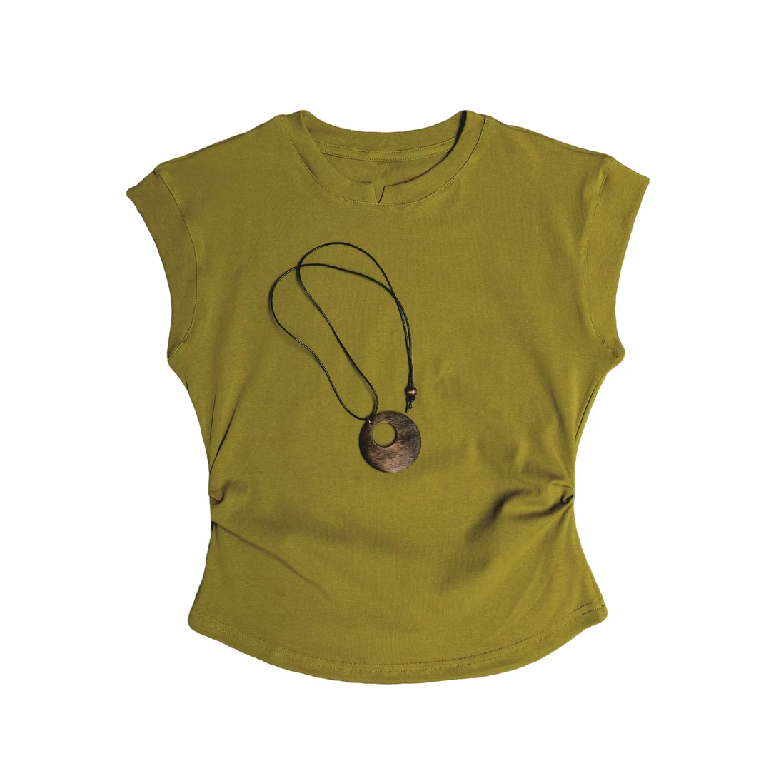 设计感短袖T恤女夏季新款褶皱收腰显瘦气质圆领纯色上衣打底衫潮