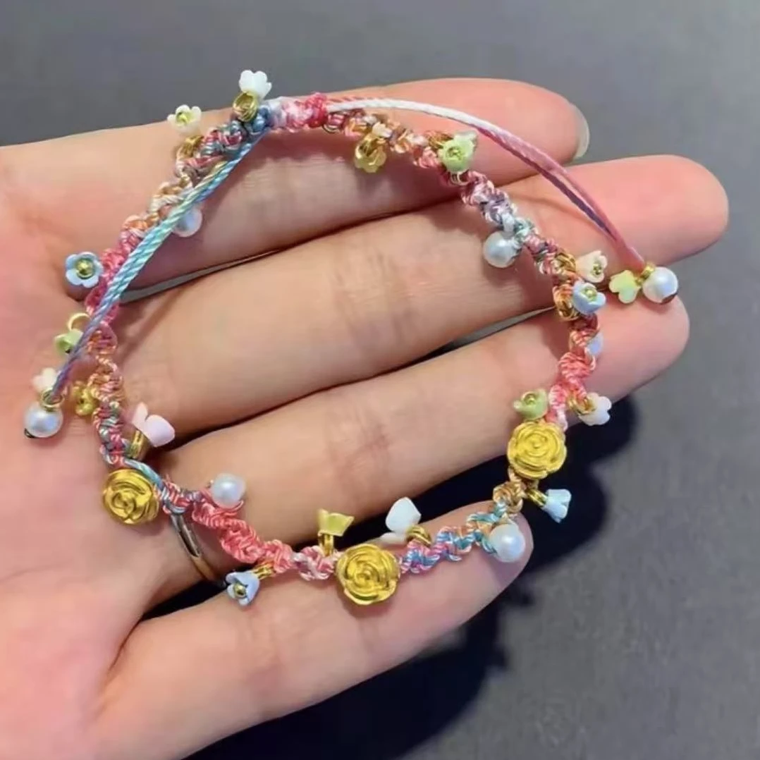 合金仿珍珠手链 精工玫瑰花手绳HNZ10816