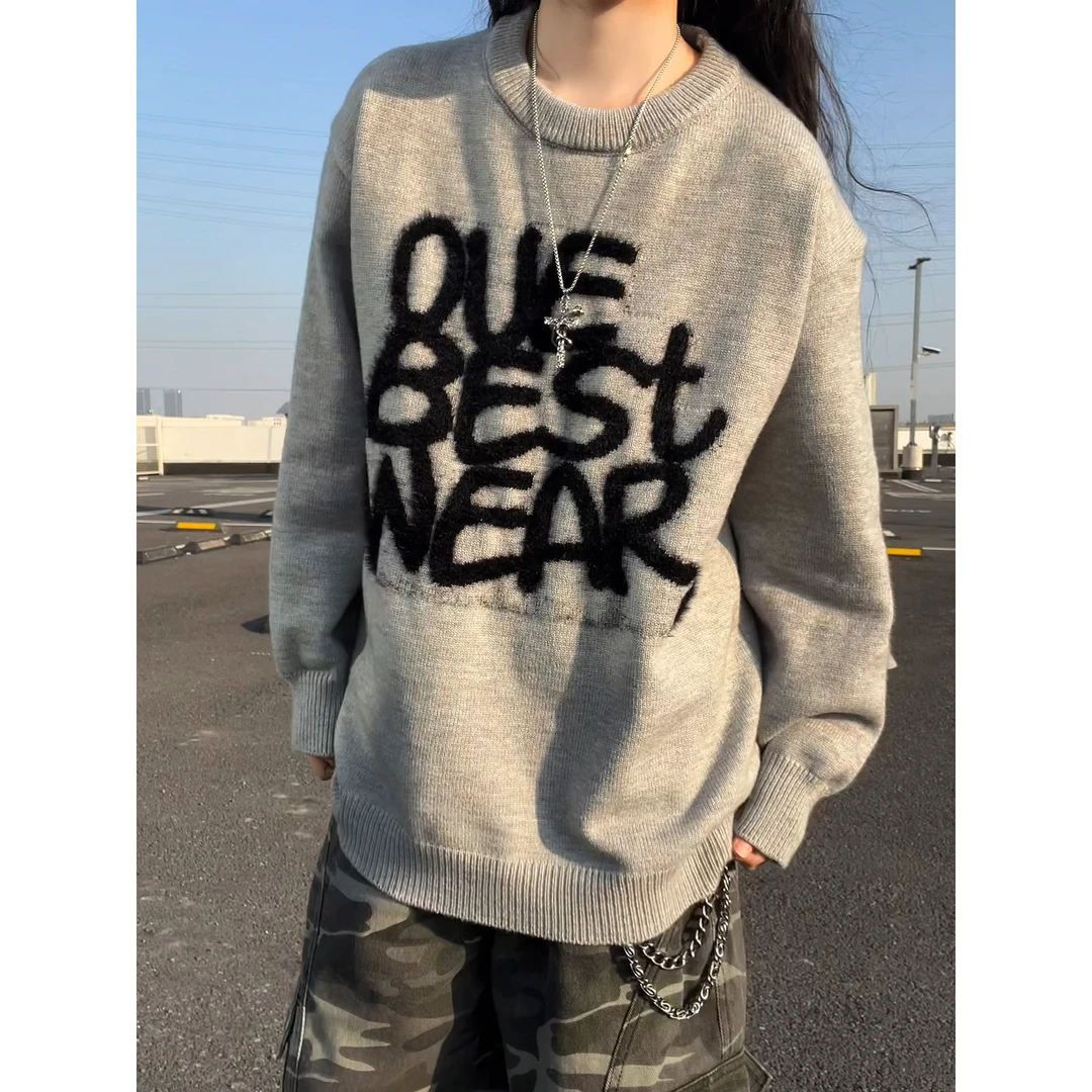 V37重磅植绒字母圆领毛衣男秋冬季宽松慵懒风加厚保暖情侣针织衫