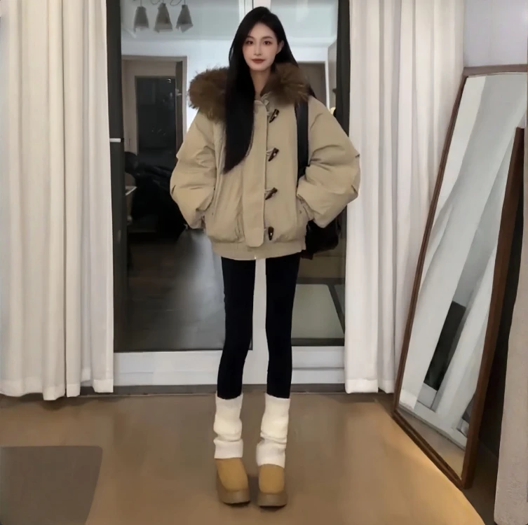羽绒棉服女大毛领派克服2025冬季新款加厚棉衣复古牛角扣棉袄外套
