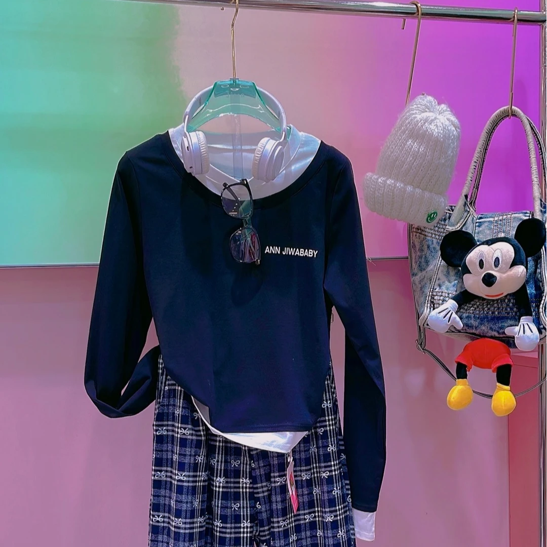 【纯熙+】29139秋冬新款不规则圆领假两件打底衫韩版修身T恤上衣