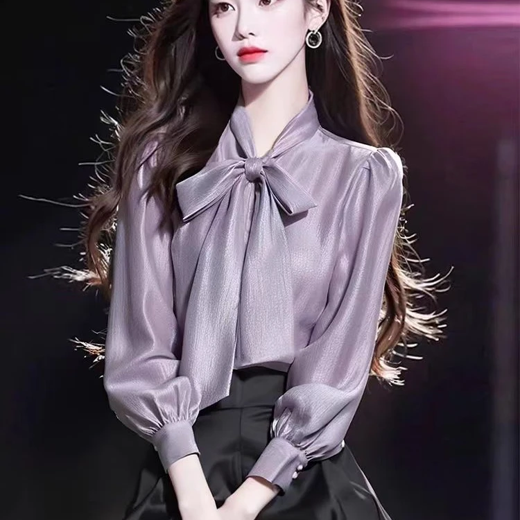 CS1210别致独特小众气质女装时尚春季法式小衫秋季紫色系带长袖