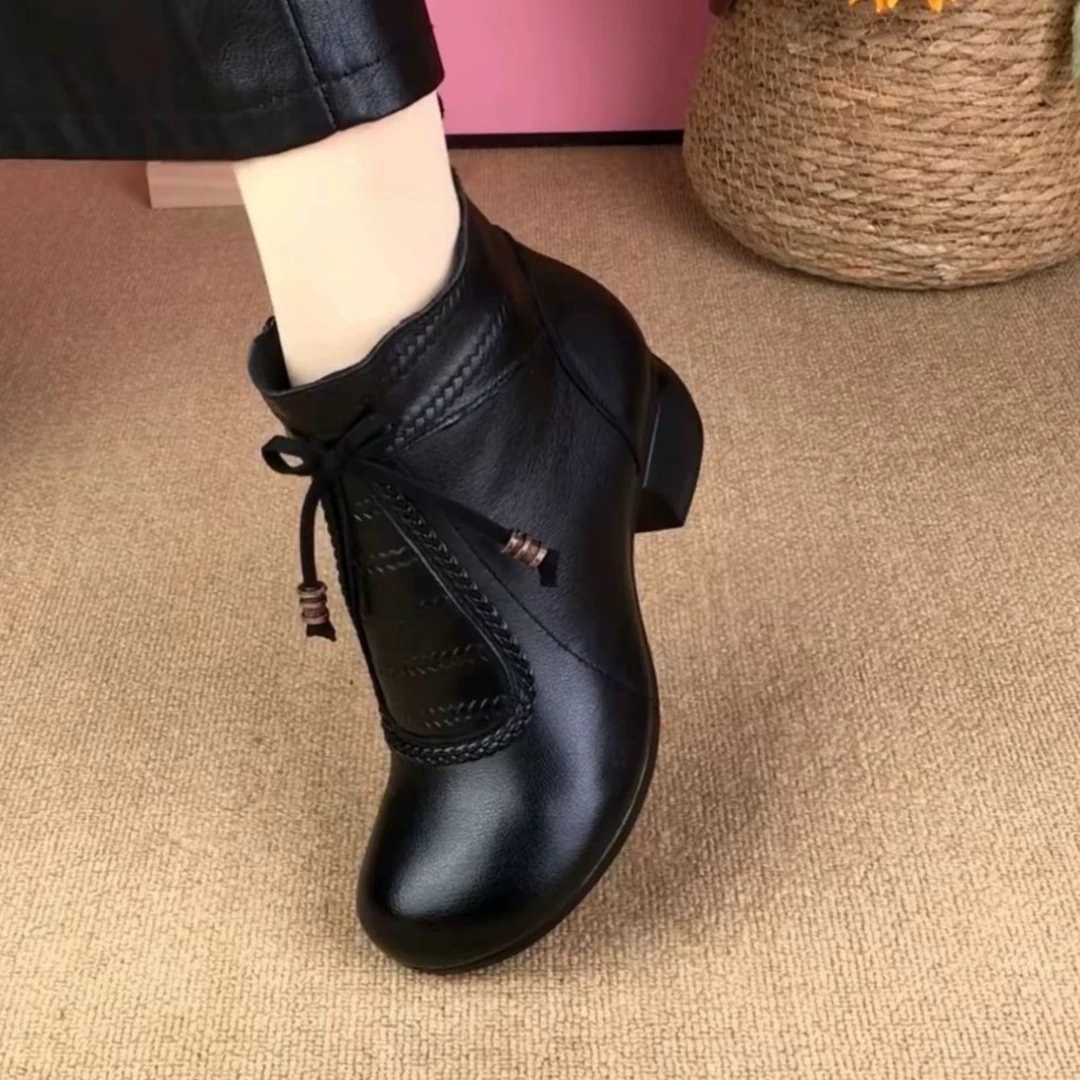 【专柜女鞋】真皮圆头马丁女靴秋冬加绒保暖短靴粗跟厚底时尚单靴