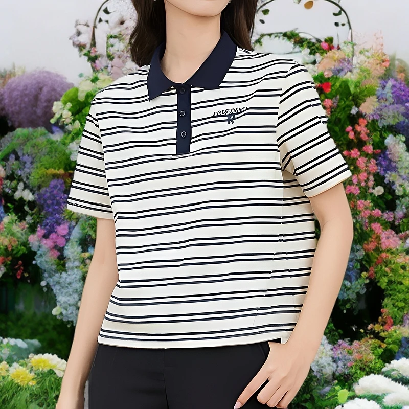 纽扣条纹宽松版正肩棉T恤女士休闲ol短袖夏装中老年妈妈