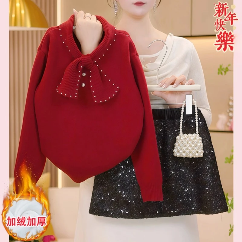 女童蝴蝶结珍珠毛衣亮片短裙套装秋冬2025新款红色针织内搭拜年服