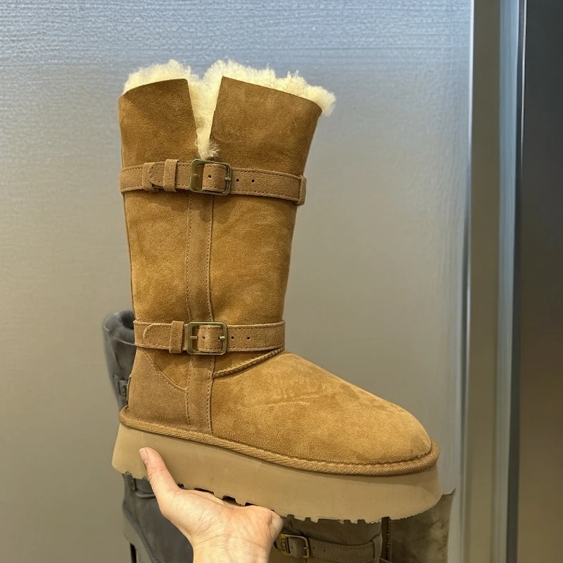 2025骑士靴女羊毛一体金属扣高筒靴雪地靴女款爆款2025新款靴子