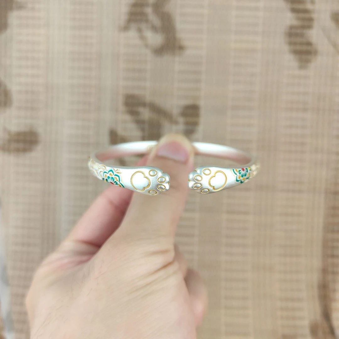 足银珐琅手镯 猫抓宝相花纯银999.9手镯实心手工唐草纹女开口款