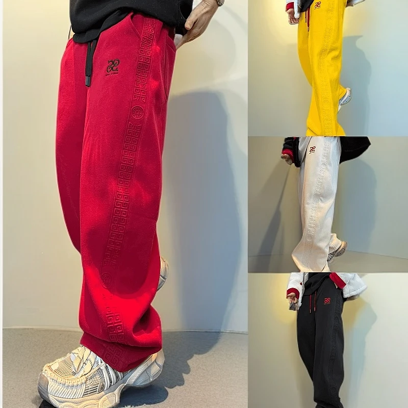 【新年限定】冬季新款加绒"蛇"形刺绣设计立体侧带潮流宽松休闲裤