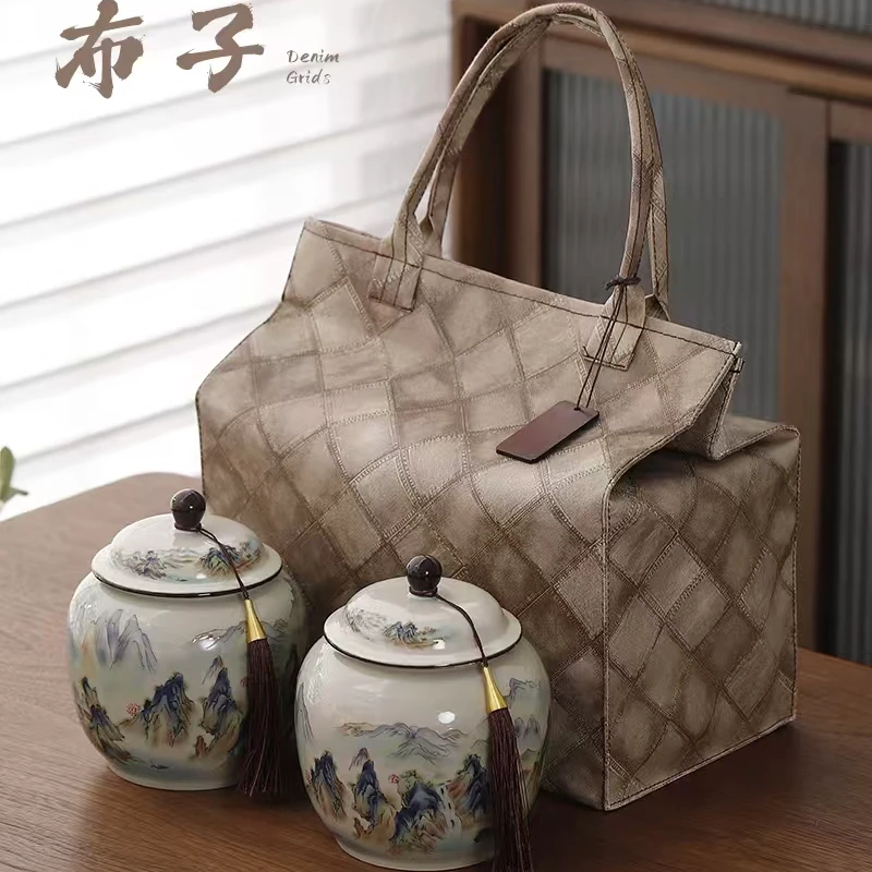 新款高档手提皮包茶叶礼盒 茉莉飘雪250g双陶瓷 送礼自饮