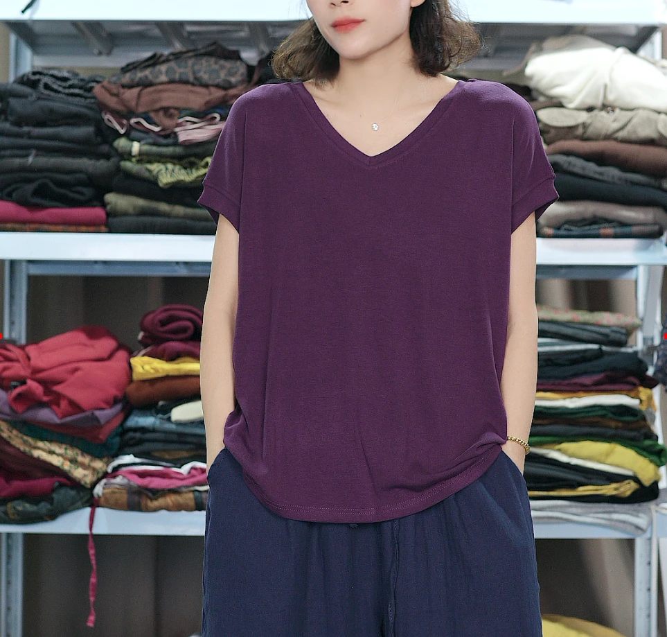 A1106纯色短袖拼接小飞袖V领T恤休闲大码宽松无袖