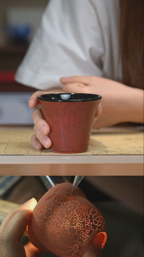 瓷片乌金釉扒花小可乐杯