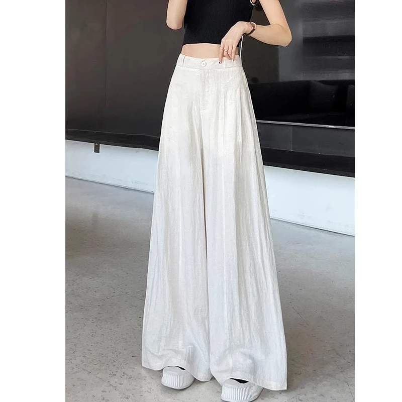 高端白色冰丝亚麻阔腿裤女夏季薄款新款垂感莱赛尔直筒裤时尚