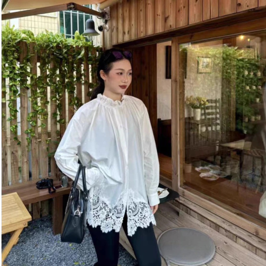 纯棉高品质韩式优雅白色蕾丝拼接花边下摆衬衫时尚百搭宽松上衣