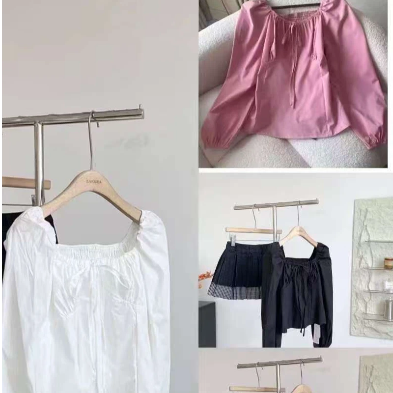 法式方领长袖春季时尚纯色不规则显瘦衬衫