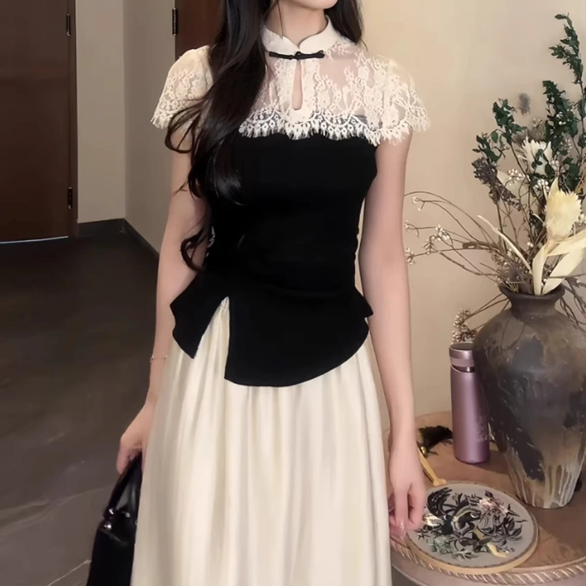 新中式国风盘扣蕾丝拼接立领短袖t恤女夏季设计感气质显瘦短上衣
