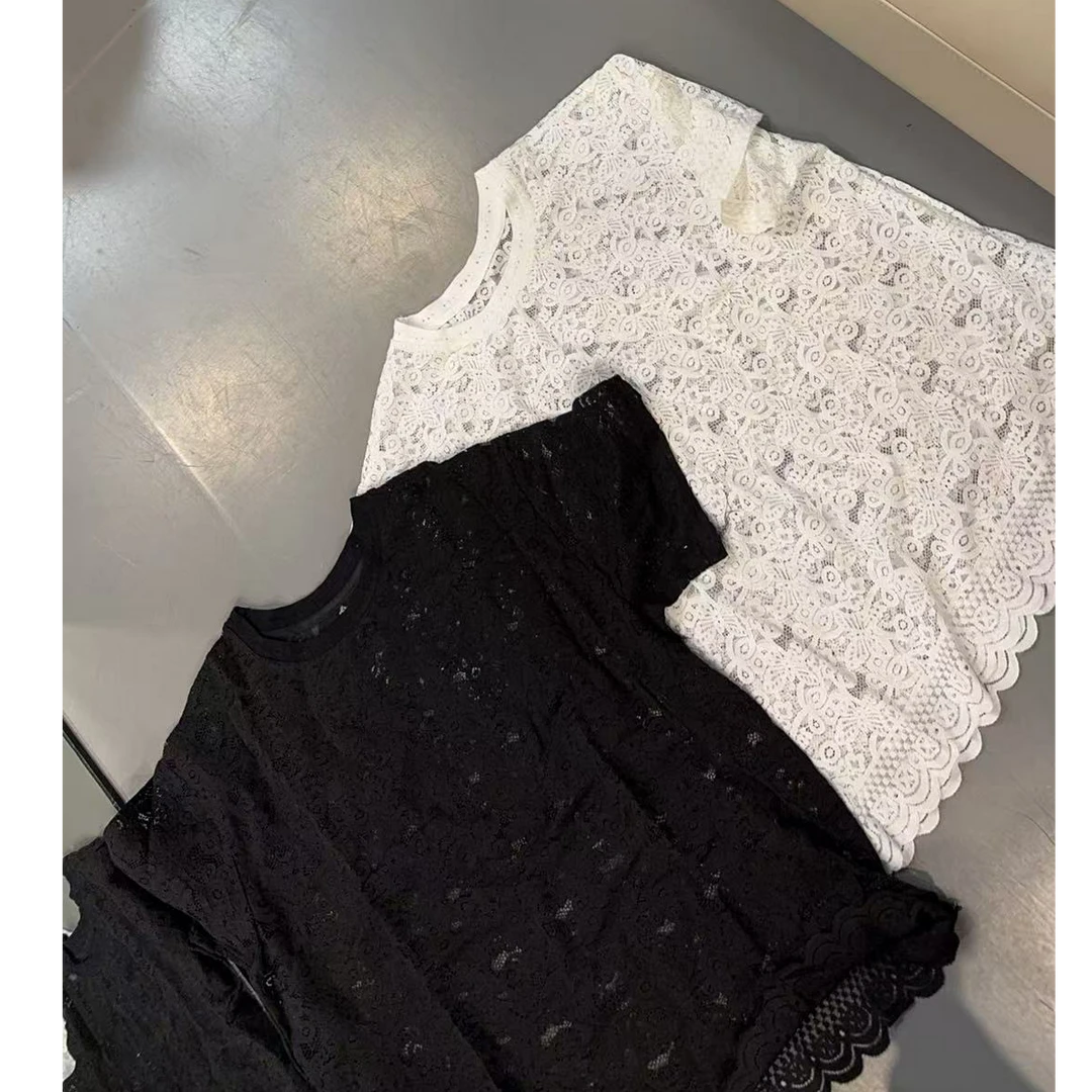 【文乐乐】夏季新款高级气质个性提花网纱时尚休闲潮流短袖T恤66107