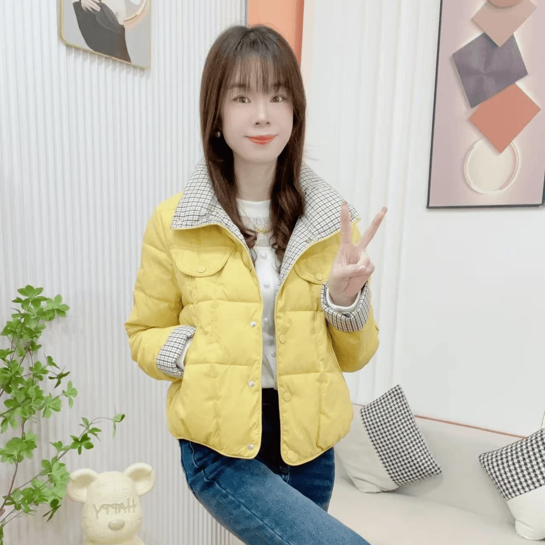 小个子气质时尚女士冬季新款宽松显瘦格纹棉袄洋气保暖立领棉