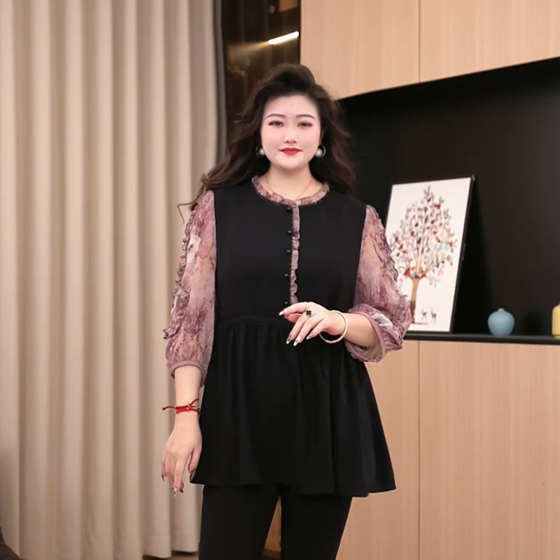 胖晶晶定制大码女装春季新款宽松遮肉收腰气质七分袖上衣250558