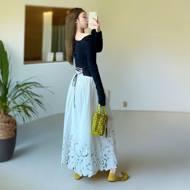 早春温柔一字领露肩长袖上衣设计感镂空蕾丝花边半身长裙两件套女