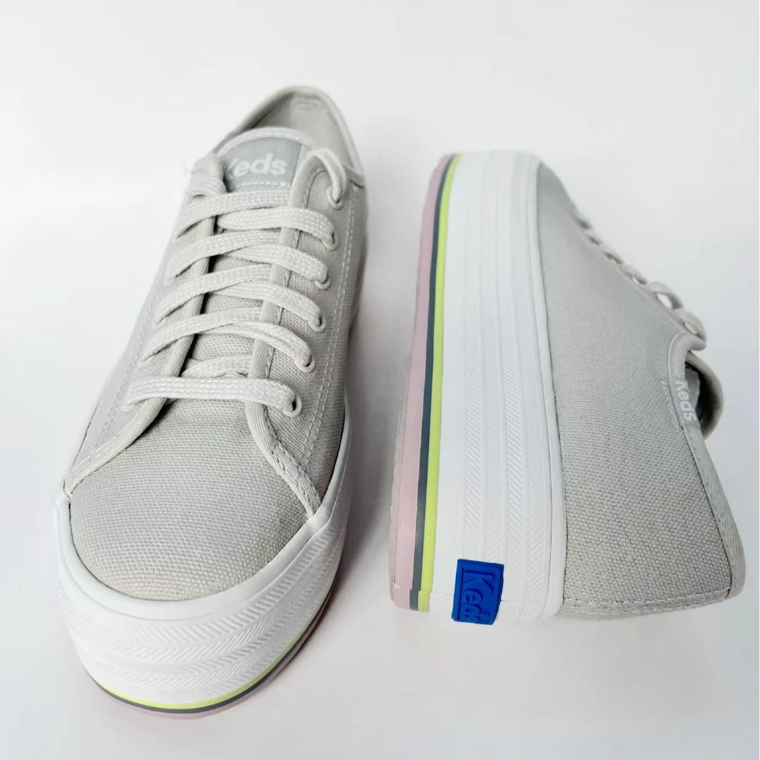 KEDS 浅灰色彩虹底4.5CM厚底松糕系带低帮厚底彩色条纹大底休闲鞋