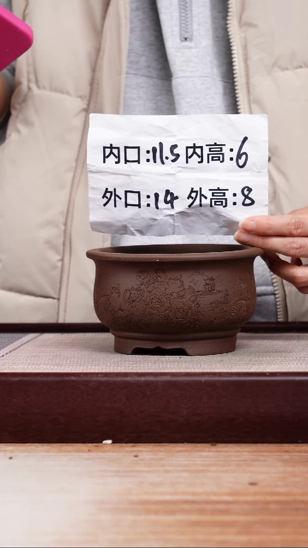 紫砂花盆紫泥刻绘猫咪迷你矮圆盆一只无托