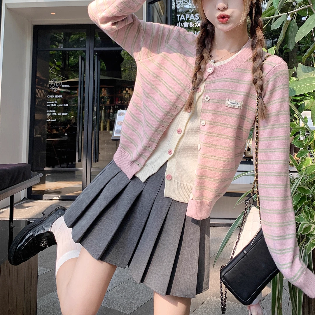 新款 韩系粉色条纹假两件针织开衫女外搭毛衣外套早秋穿搭上衣