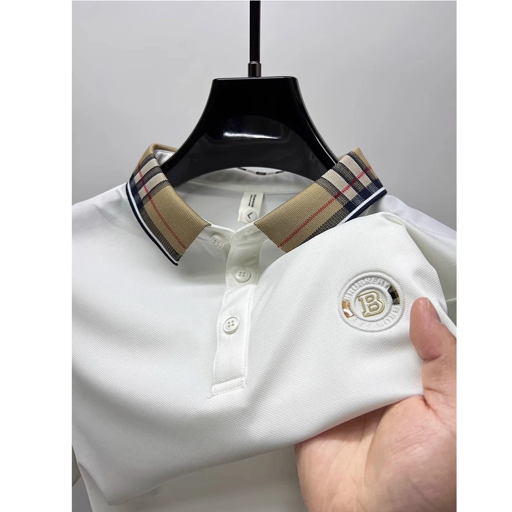 格子领高端冰丝短袖t恤男士夏季修身青年polo衫男装半袖翻领衣服