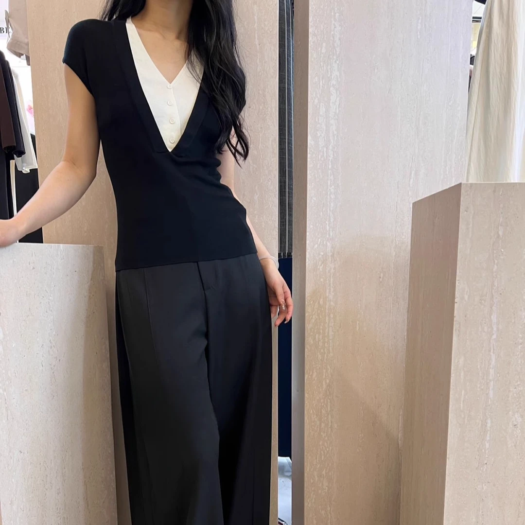 2025年春夏时尚新款假两件设计针织衫女修身显瘦短袖上衣B4-33