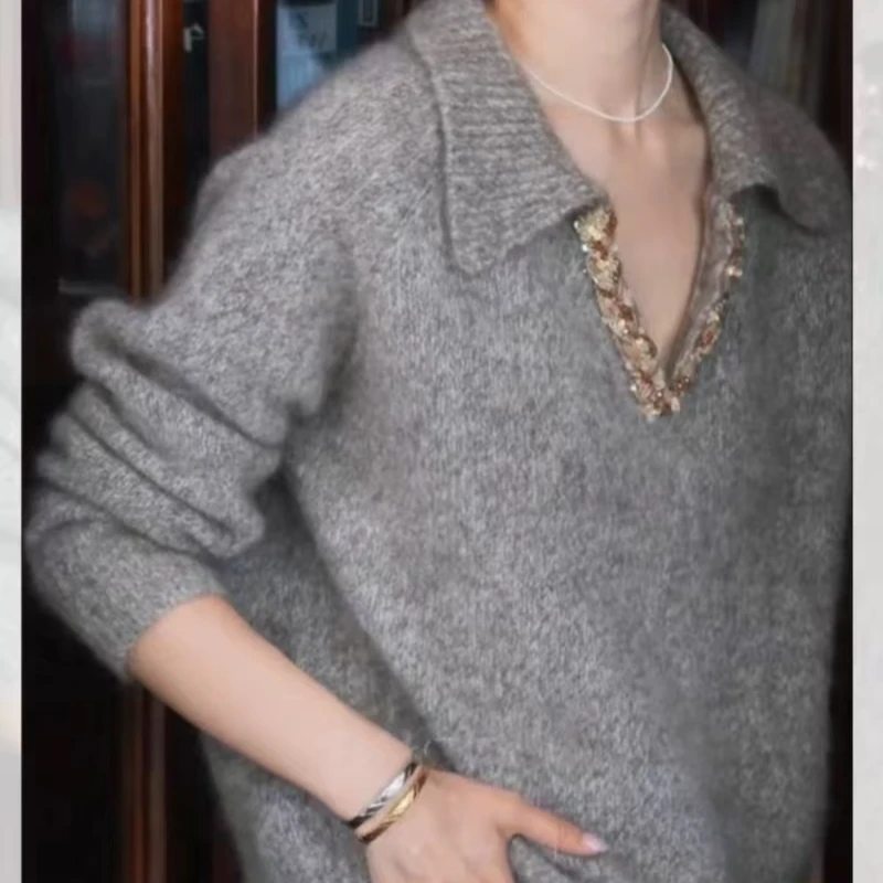 【美丽诺羊毛】赫拉小姐 欧货重工水钻翻领高级感针织衫穿搭上衣