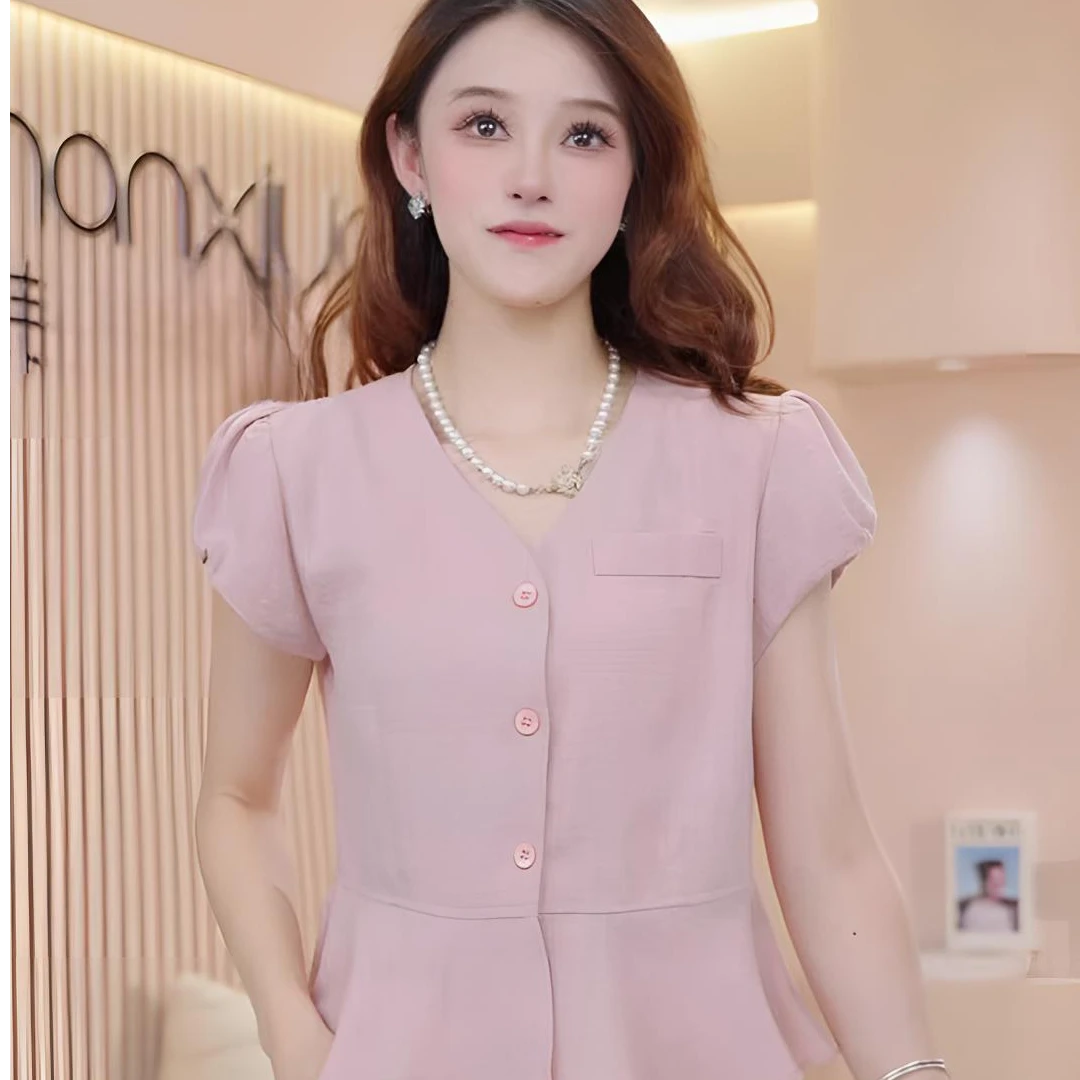 时尚衬衫女2025夏季新款洋气显瘦减龄设计感荷叶边百搭短袖上衣潮